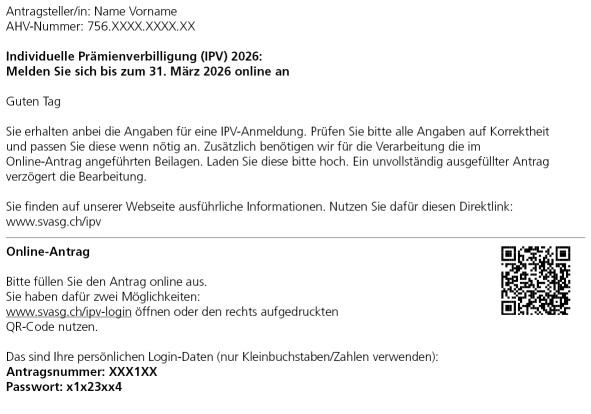 Dieses Bild zeigt Ihnen ein Muster des IPV Login Schreibens mit Antragsnummer, Passwort und QR-Code.
