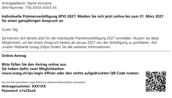 Dieses Bild zeigt Ihnen ein Muster des IPV Login Schreibens mit Antragsnummer, Passwort und QR-Code.