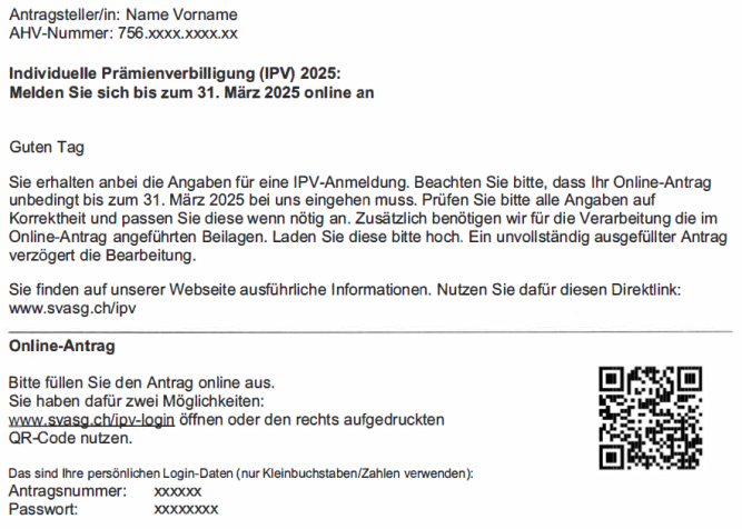 Dieses Bild zeigt Ihnen ein Muster des IPV Login Schreibens mit Antragsnummer, Passwort und QR-Code.